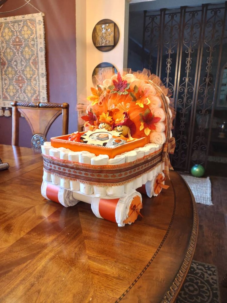 Little Pumpkin Diaper Carriage, Personalized Fall Baby Shower Centerpiece image 4