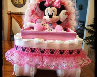 Diaper Cake, Minnie Mouse animated, Baby Gift Diaper Cake, Carriage  Bassinet Stroller Basket Baby Shower