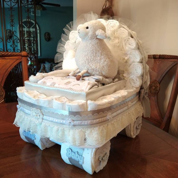 Baby Shower Gift, Lamb diaper cake, Sheep Theme, Stroller, Carriage, Neutral, Unisex, nursery decor, gray, cream, white diaper cake.