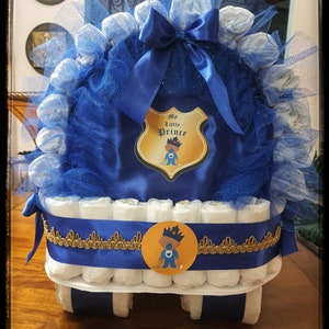 Diaper Cake, Baby Shower Gift Diaper Cake, Royal Blue and Gold Prince Theme, Carriage, Stroller Diaper Cake for a Boy, Crown Royal Baby image 7