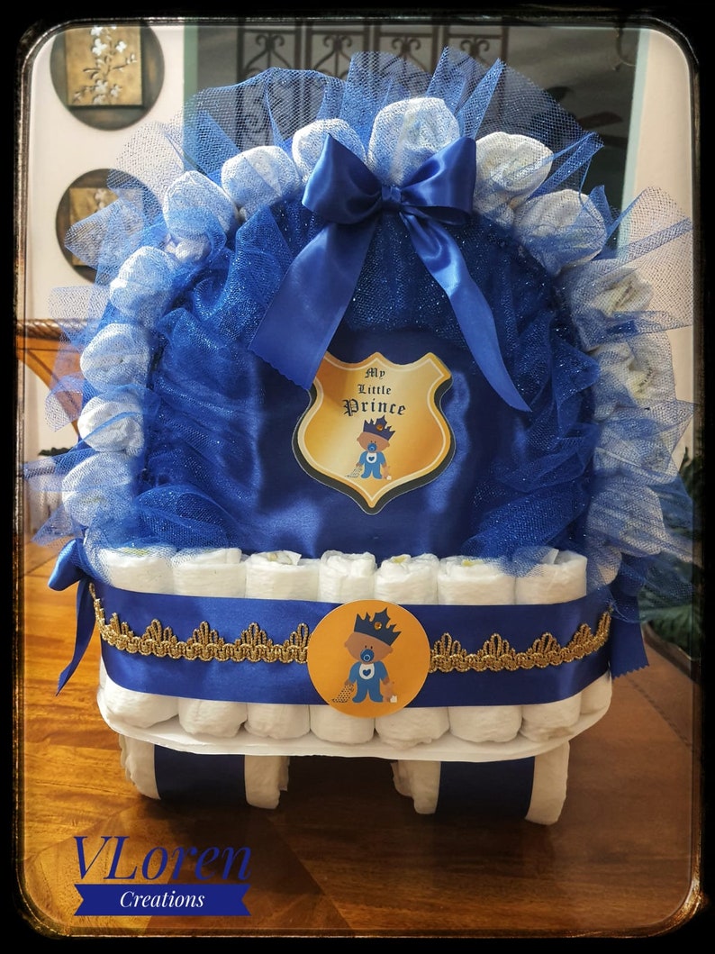 Diaper Cake, Baby Shower Gift Diaper Cake, Royal Blue and Gold Prince Theme, Carriage, Stroller Diaper Cake for a Boy, Crown Royal Baby image 7