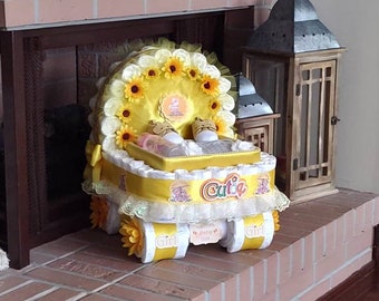 Diaper Cake, Baby Shower Gift, Sunflower Theme, Stroller Diaper Cake, Carriage Diaper Cake, Neutral Theme