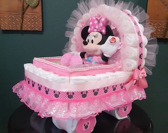 Minnie Mouse animated Baby Gift Diaper Cake Carriage  Bassinet Stroller Basket Baby Shower
