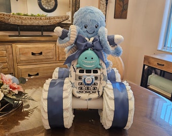Baby Gift Nautical 4 Wheeler Motorcycle Diaper Cake. Octopus, the sea theme baby shower.