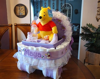 Diaper Cake, Baby Shower Gift, Winnie the Pooh Theme, Stroller, Carriage, Yellow Neutral, Diaper Cake