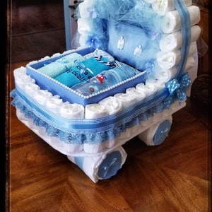Diaper Cake, Welcome Baby Blue Basket Baby Shower Gift Diaper Cake