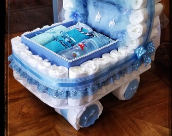 Diaper Cake, Welcome Baby Blue Basket Baby Shower Gift Diaper Cake