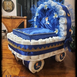 Diaper Cake, Baby Shower Gift Diaper Cake, Royal Blue and Gold Prince Theme, Carriage, Stroller Diaper Cake for a Boy, Crown Royal Baby image 4