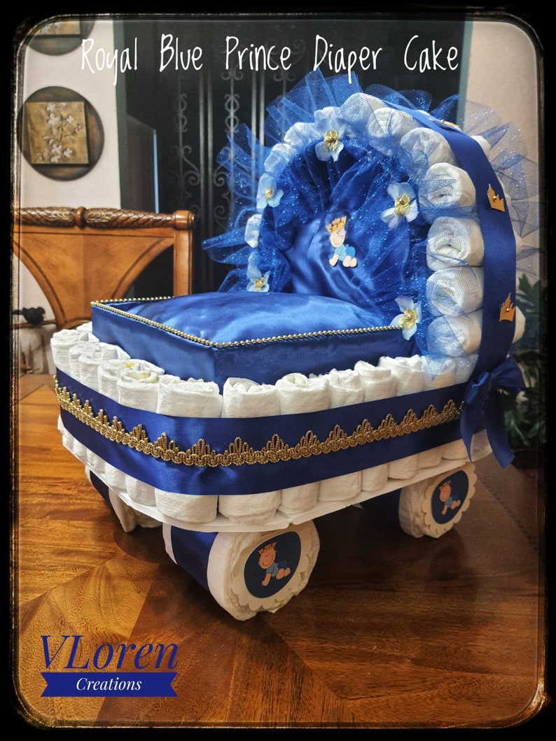 Diaper Cake, Baby Shower Gift Diaper Cake, Royal Blue and Gold Prince Theme, Carriage, Stroller Diaper Cake for a Boy, Crown Royal Baby image 4