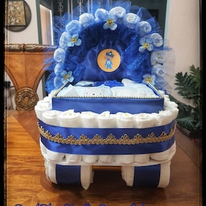 Diaper Cake, Baby Shower Gift Diaper Cake, Royal Blue and Gold Prince Theme, Carriage, Stroller Diaper Cake for a Boy, Crown Royal Baby image 8