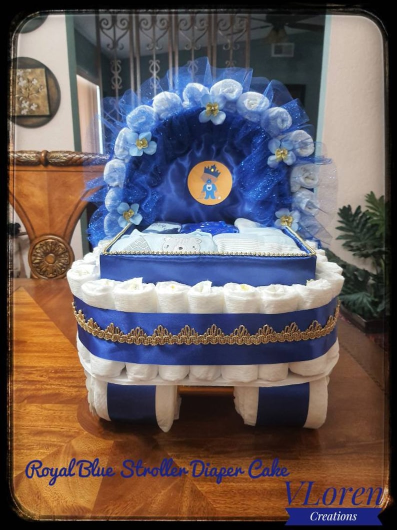 Diaper Cake, Baby Shower Gift Diaper Cake, Royal Blue and Gold Prince Theme, Carriage, Stroller Diaper Cake for a Boy, Crown Royal Baby image 8