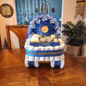 Diaper Cake, Baby Shower Gift Diaper Cake, Royal Blue and Gold Prince Theme, Carriage, Stroller Diaper Cake for a Boy, Crown Royal Baby image 3