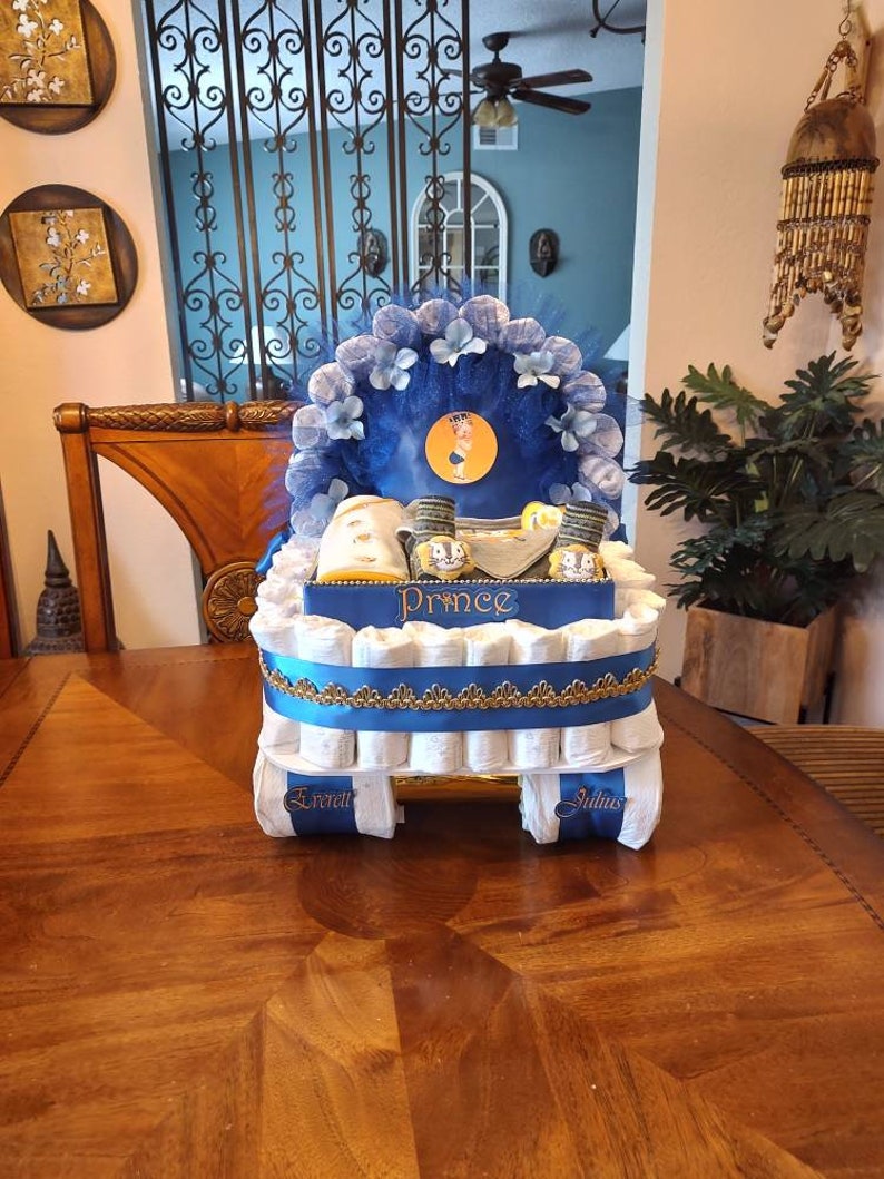 Diaper Cake, Baby Shower Gift Diaper Cake, Royal Blue and Gold Prince Theme, Carriage, Stroller Diaper Cake for a Boy, Crown Royal Baby image 3