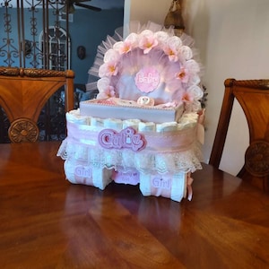 Diaper Cake, Baby Gift Diaper Cake Pink Carriage, Bassinet, Stroller, Basket Baby Shower