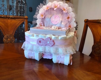 Diaper Cake, Baby Gift Diaper Cake Pink Carriage, Bassinet, Stroller, Basket Baby Shower