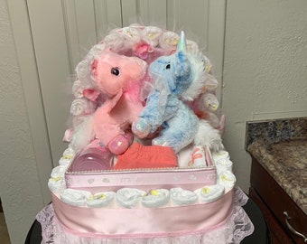 Baby Shower Gift Basket Unicorns Twins Theme Stroller Carriage Diaper Cake