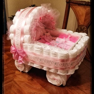 Diaper Cake, Baby Gift Diaper Cake Pink Carriage, Bassinet, Stroller, Basket Baby Shower,  best seller.