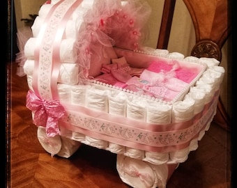 Diaper Cake, Baby Gift Diaper Cake Pink Carriage, Bassinet, Stroller, Basket Baby Shower,  best seller.