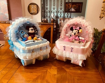 Diaper Cake, Mickey or Minnie Mouse, Baby Gift Diaper Cake, Carriage  Bassinet Stroller Basket Baby Shower