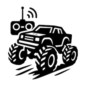 May include: Black and white illustration of a monster truck with oversized tires and a remote control. The truck is depicted in motion, with lines suggesting speed. The remote control has two buttons and an antenna.