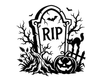 Halloween Tombstone SVG - Spooky Graveyard Black Cat Jack O Lantern Printable Cut File, Instant Download, Commercial Use