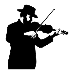 Może przedstawiać: Czarno-biała sylwetka osoby grającej na skrzypcach. Osoba ma na sobie kapelusz i garnitur.
