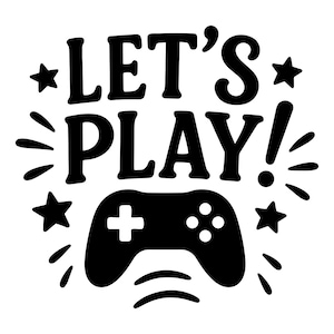 Puede incluir: Gráfico en blanco y negro con el texto "LET'S PLAY!" sobre un mando de videojuegos. El diseño incluye estrellas y explosiones estilizadas, perfecto para jugadores.