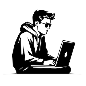 Puede incluir: Una ilustración en blanco y negro de una persona con gafas de sol y una sudadera con capucha, sentada y usando una computadora portátil.