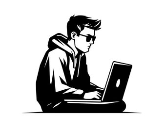 May include: A black and white illustration of a person wearing sunglasses and a hooded sweatshirt, sitting and using a laptop computer.