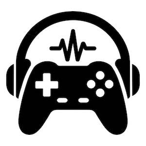 May include: Black and white graphic of a gaming controller with a headset and sound wave. The controller has a plus sign and four buttons. The headset arches over the controller, and a sound wave is in the center.