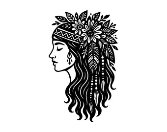 May include: Black and white illustration of a woman in profile, adorned with a floral and feather headdress. The design features intricate details, including flowers, leaves, and beaded accents, with long, flowing hair.