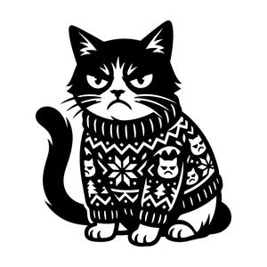 Peut inclure: Illustration en noir et blanc d'un chat grincheux portant un pull. Le chat a une expression de colère et est assis. Le pull présente des motifs de flocons de neige et de visages grincheux.