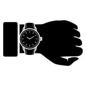 Pode incluir: Uma silhueta preta e branca de um relógio de pulso no pulso de uma pessoa.