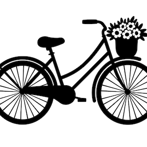 レトロな自転車 SVG - 自転車の花かごの印刷可能なシルエット クリップアート カット ファイル、即時ダウンロード、商用利用、svg jpg png eps pdf