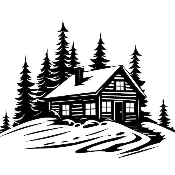 Winter Cabin SVG - Snowy Christmas Cottage Cabin in Woods Printable Clip Art Cut File, Instant Download, Commercial Use, svg png jpg eps pdf