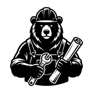 Peut inclure: Illustration en noir et blanc d'un ours portant un casque de chantier et une salopette, tenant une clé et un plan roulé. L'ours a une expression sérieuse, suggérant un thème de construction ou de réparation.