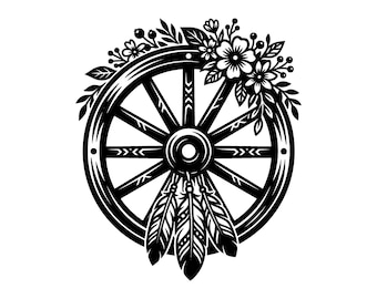 SVG de rueda de carreta estilo boho - Archivo de corte imprimible con plumas florales rústicas de estilo campestre occidental, descarga instantánea, uso comercial.