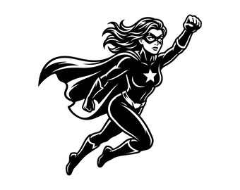 Female Superhero SVG - Strong Woman Power Girl Heroine Flying Hero Comic Style Printable Cut File Art, Instant Download, Commercial Use