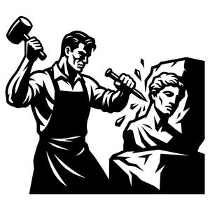 Op de afbeelding: Zwart-wit illustratie van een beeldhouwer aan het werk. De persoon gebruikt een hamer en beitel om een stenen buste te vormen. De beeldhouwer draagt een schort. De buste is van een klassieke figuur.