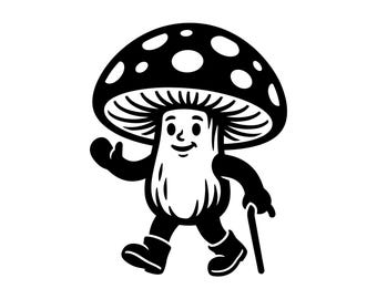 SVG de hongo andante - Archivo de corte imprimible de hongos de dibujos animados retro en el bosque, descarga instantánea, uso comercial.
