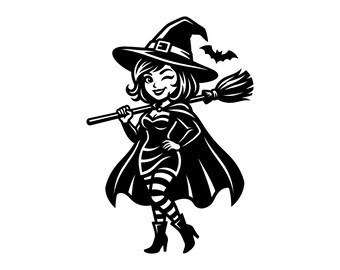 Lindo archivo SVG de bruja - Escoba mágica espeluznante con murciélago para Halloween, archivo de corte imprimible de octubre, descarga instantánea, uso comercial.