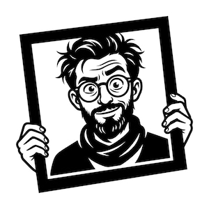 May include: Black and white illustration of a man with glasses and a beard holding a black picture frame. The man has a slightly surprised expression. The image is a simple, graphic design.