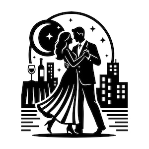 以下が含まれることがあります： ダンスをするカップルの白黒イラスト。スーツ姿の男性と、流れるようなドレスを着た女性が抱き合っている様子が描かれています。都会の風景、月、星、ワインの要素がロマンチックなシーンを完成させています。