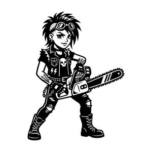 Può includere: Illustrazione in bianco e nero di una persona con capelli a spillo, occhiali e un gilet borchiato, che tiene in mano una motosega. La persona indossa una maglietta con un teschio, pantaloni strappati e anfibi. Un tatuaggio a ragnatela è visibile sul braccio sinistro.