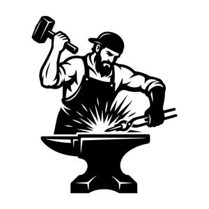 May include: A monochrome illustration of a blacksmith. The image shows a blacksmith in an apron and cap, hammering metal on an anvil. Sparks emanate from the metal as he uses tongs and a hammer, a symbol of traditional craft.