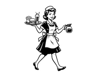 Retro Diner Waitress SVG - Vintage Cafe Coffee Server Fast Food Carhop Printable Cut File, Instant Download, Commercial Use