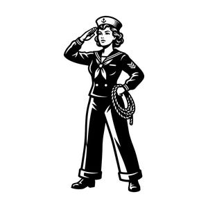 May include: Black and white illustration of a woman in a sailor uniform saluting. She wears a sailor hat, jacket, and pants, and holds a rope. The image has a vintage, nautical theme.