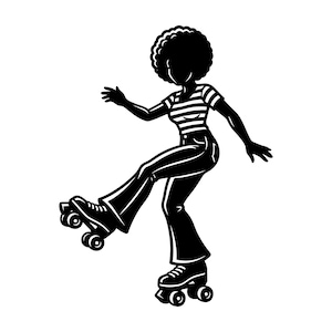 Puede incluir: Ilustración en blanco y negro de una persona patinando sobre ruedas. La figura lleva pantalones acampanados, una camiseta a rayas y patines. La persona está en movimiento con una pierna levantada, brazos extendidos y un gran afro.