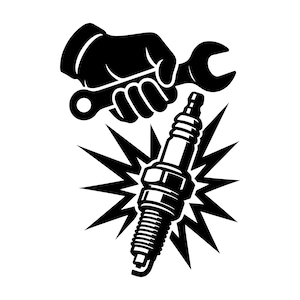 Puede incluir: Ilustración en blanco y negro de una mano sosteniendo una llave inglesa sobre una bujía. La bujía está rodeada por un diseño de estrella, que sugiere energía o reparación. La imagen representa el trabajo automotriz.