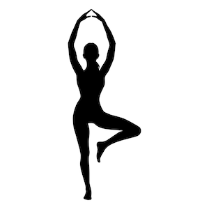 Peut inclure: Silhouette d'une personne en position de yoga, les bras lev&eacute;s au-dessus de la t&ecirc;te et une jambe lev&eacute;e.